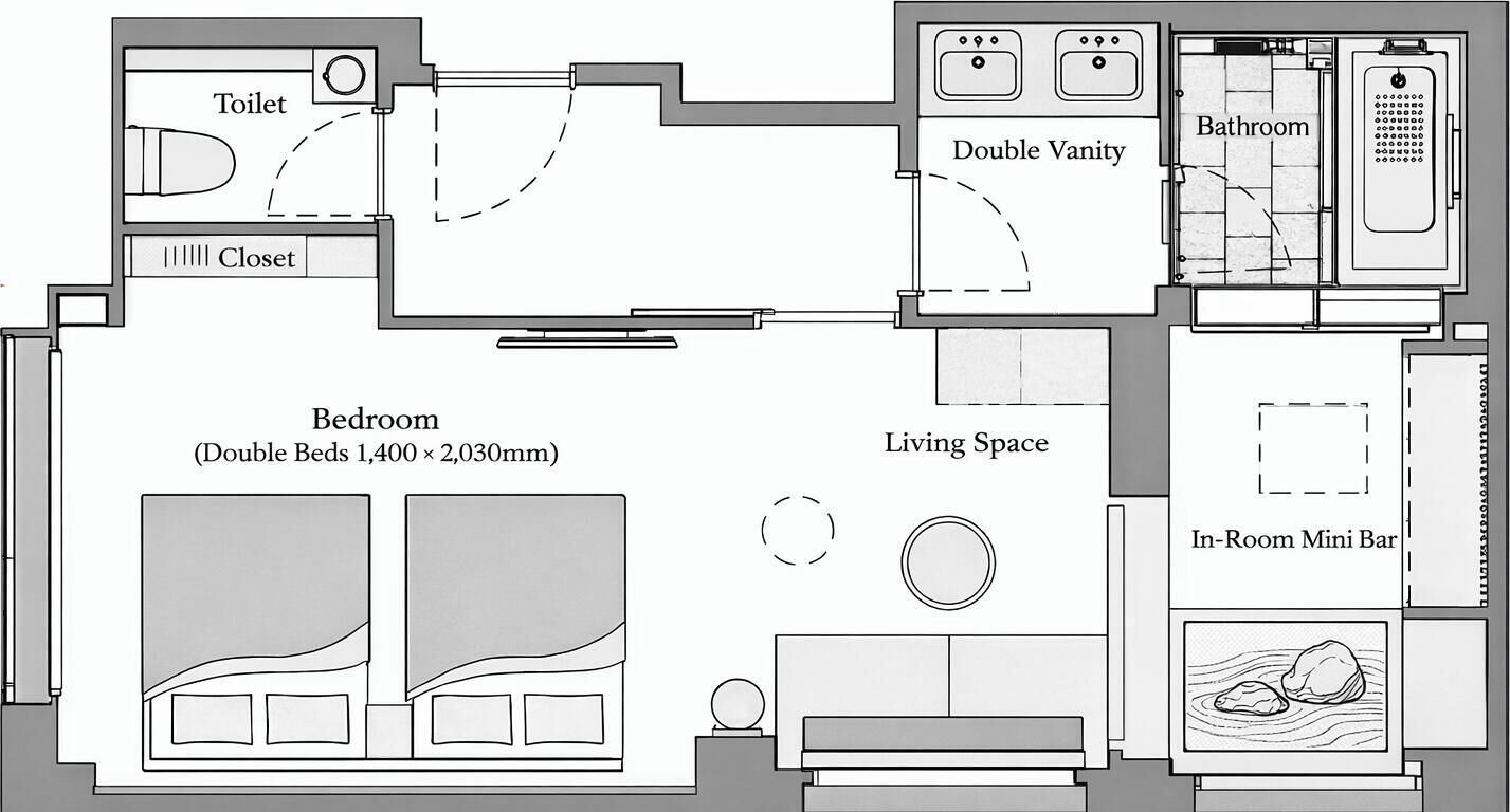 A floor plan of a hotel room with a double bed, a closet, a bathroom, a double vanity, and an in-room mini bar.