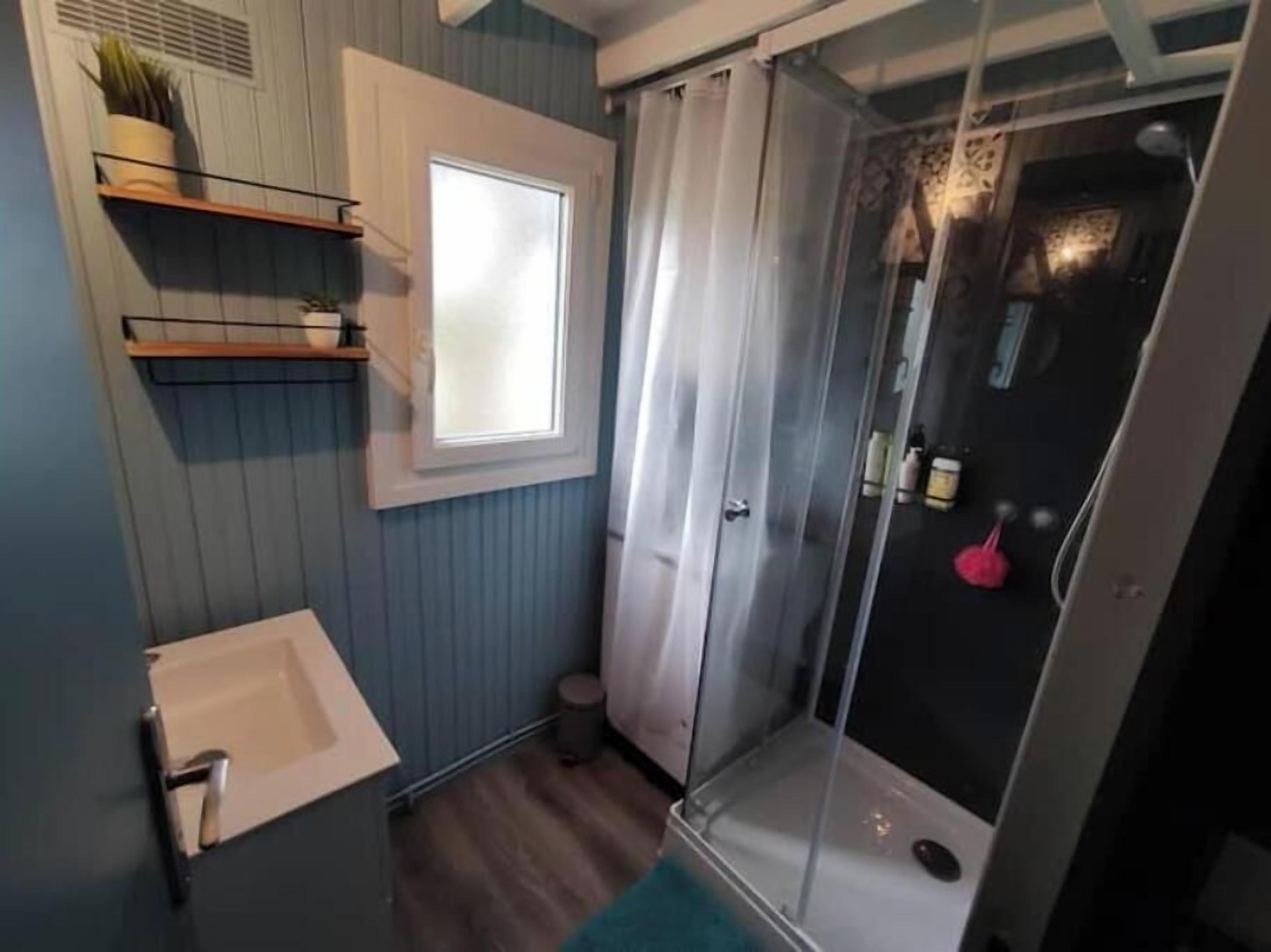 Shower, hair dryer, toilet paper