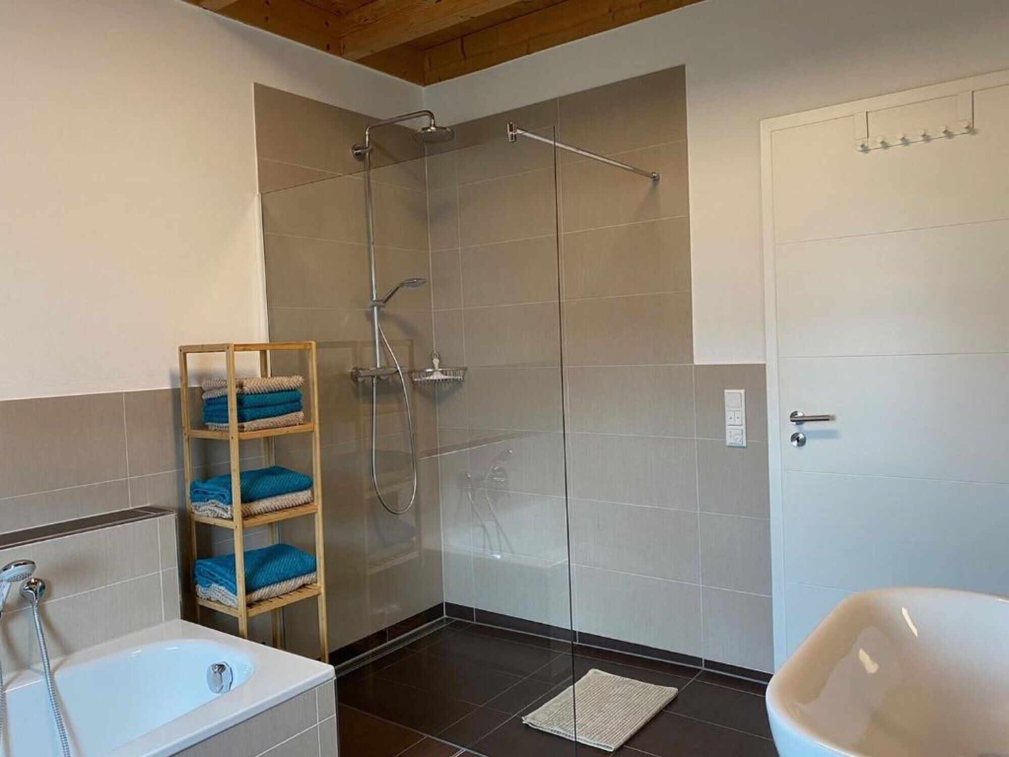 Shower, hair dryer, towels