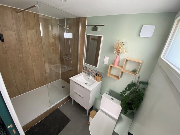 Hair dryer, towels, soap, toilet paper