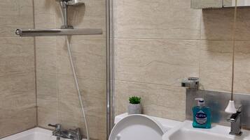 Hair dryer, towels, soap, toilet paper