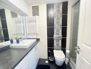 Hair dryer, towels, soap, toilet paper
