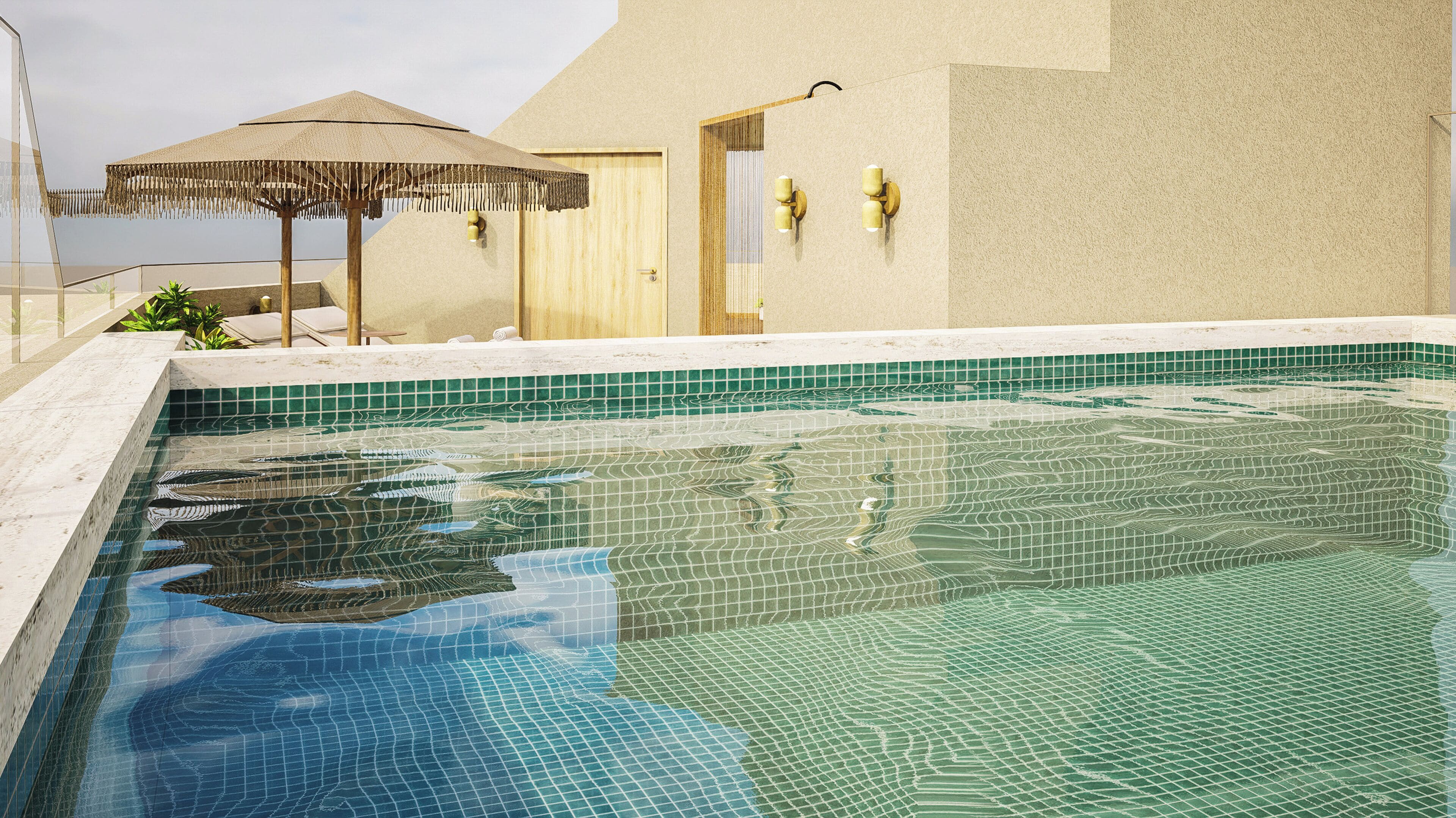 室内游泳池，室外游泳池，池畔遮阳伞，日光浴躺椅