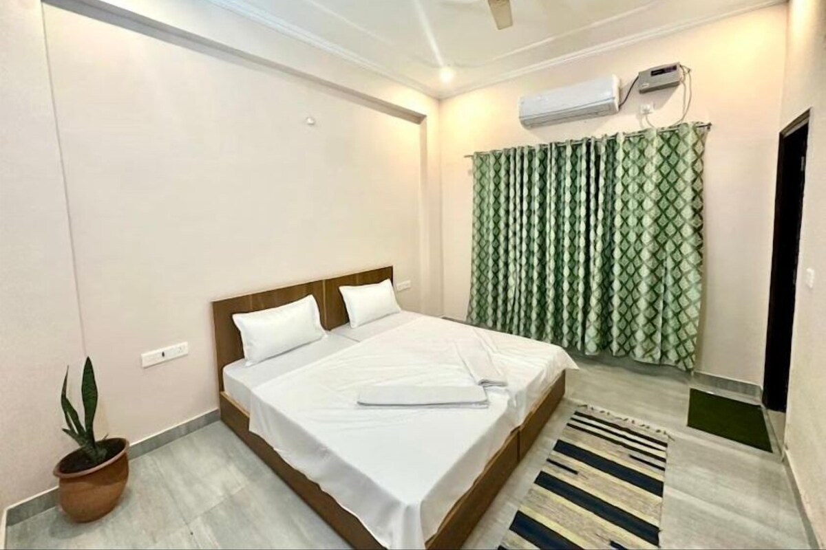 Quarto de hotel moderno com uma cama grande, ventilador de teto, ar condicionado e um vaso de plantas.