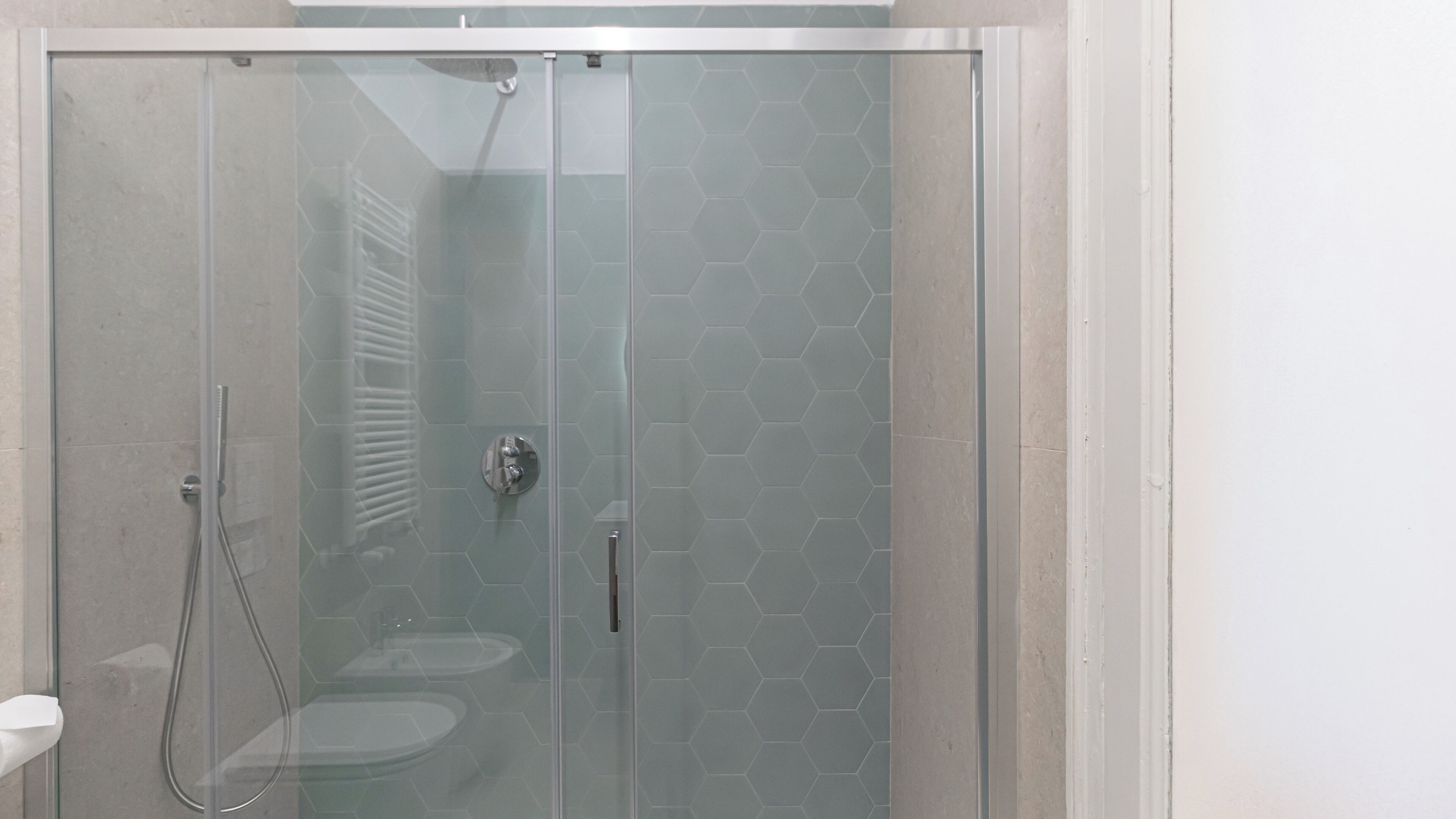 A glass-enclosed shower with a hexagonal tile pattern on the walls and a visible toilet and sink.