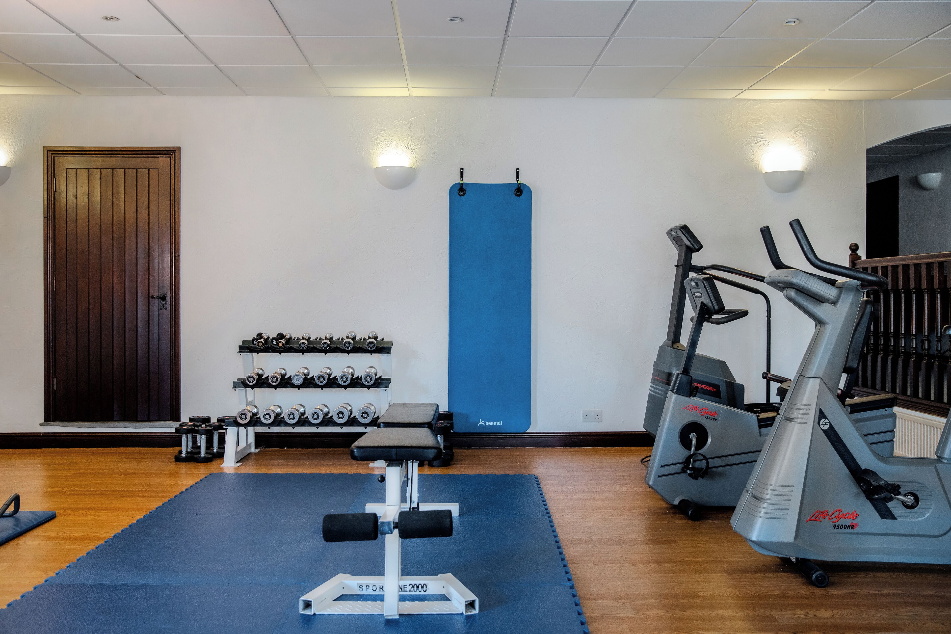 Une salle de sport équipée de matériel d’exercice, d’un tapis bleu et d’haltères.