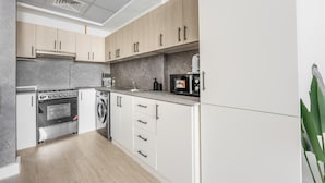 Eine moderne Küche mit Herd, Backofen, Mikrowelle und Spüle.