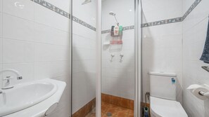 Een badkamer met douche, toilet en wastafel.