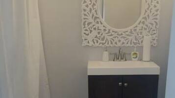 Hair dryer, towels, soap, shampoo