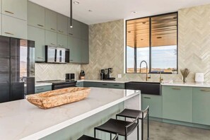 Fridge, microwave, oven, stovetop