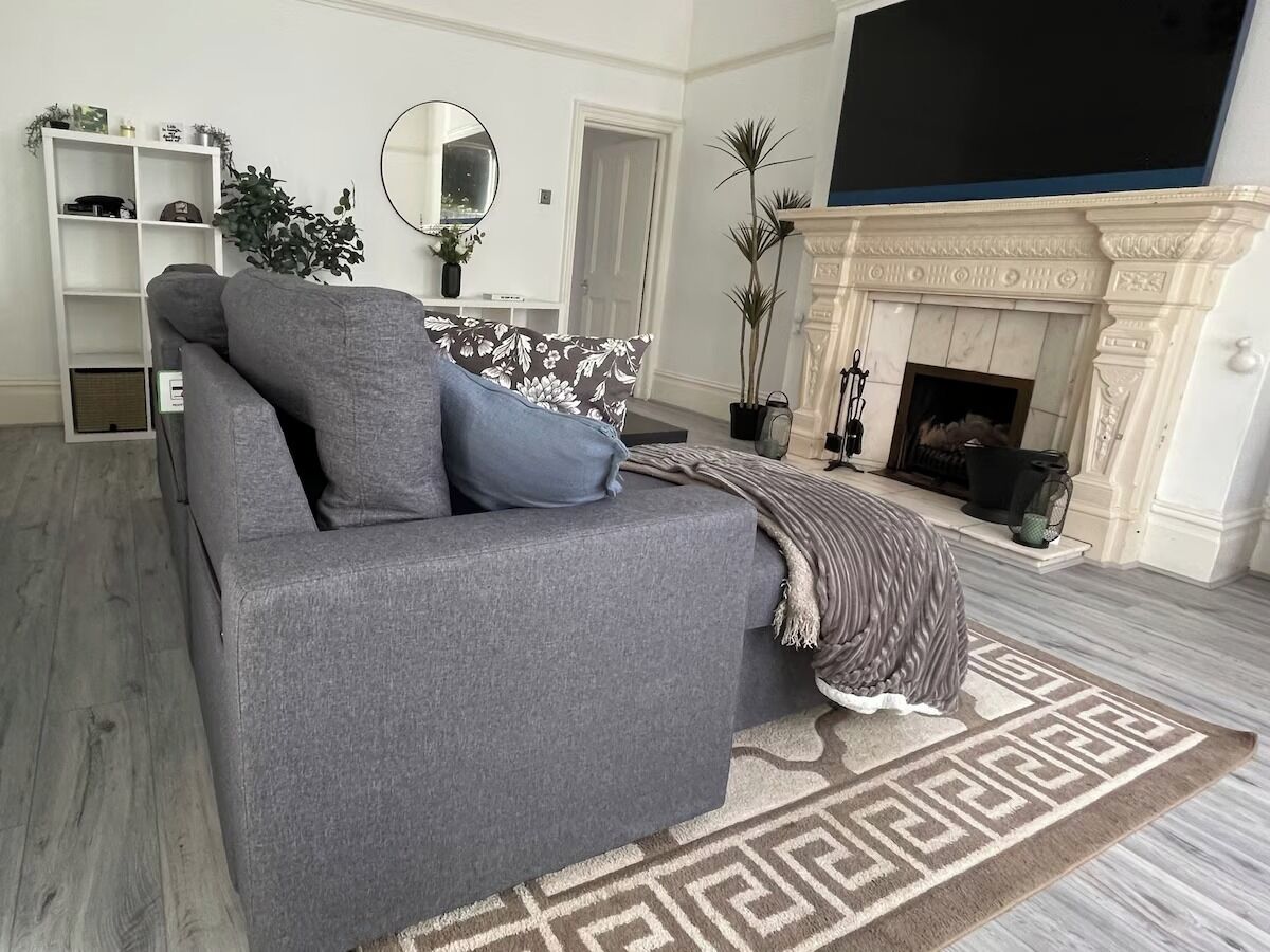 Smart TV, fireplace, books, stereo