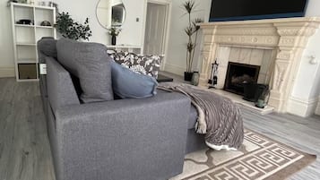 Smart TV, fireplace, books, stereo