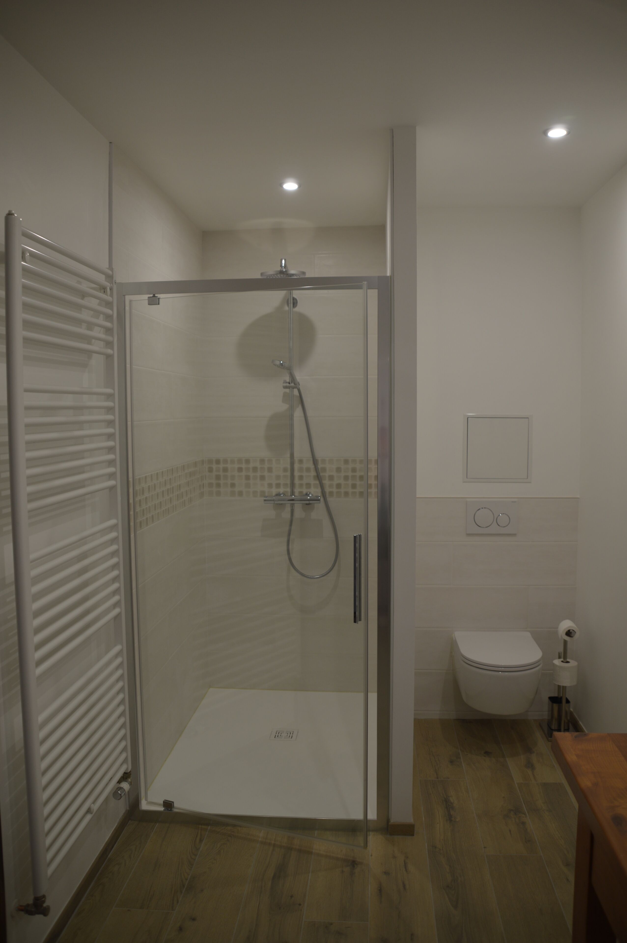 A modern bathroom with a glass-enclosed shower, a toilet, and a wooden floor.