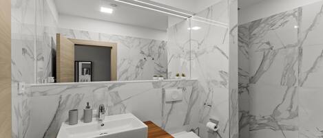 A modern bathroom with a marble backsplash, a wooden vanity, a sink, a toilet, and a shower area.