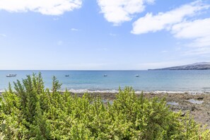 Una playa con barcos, costa rocosa y vegetación verde.