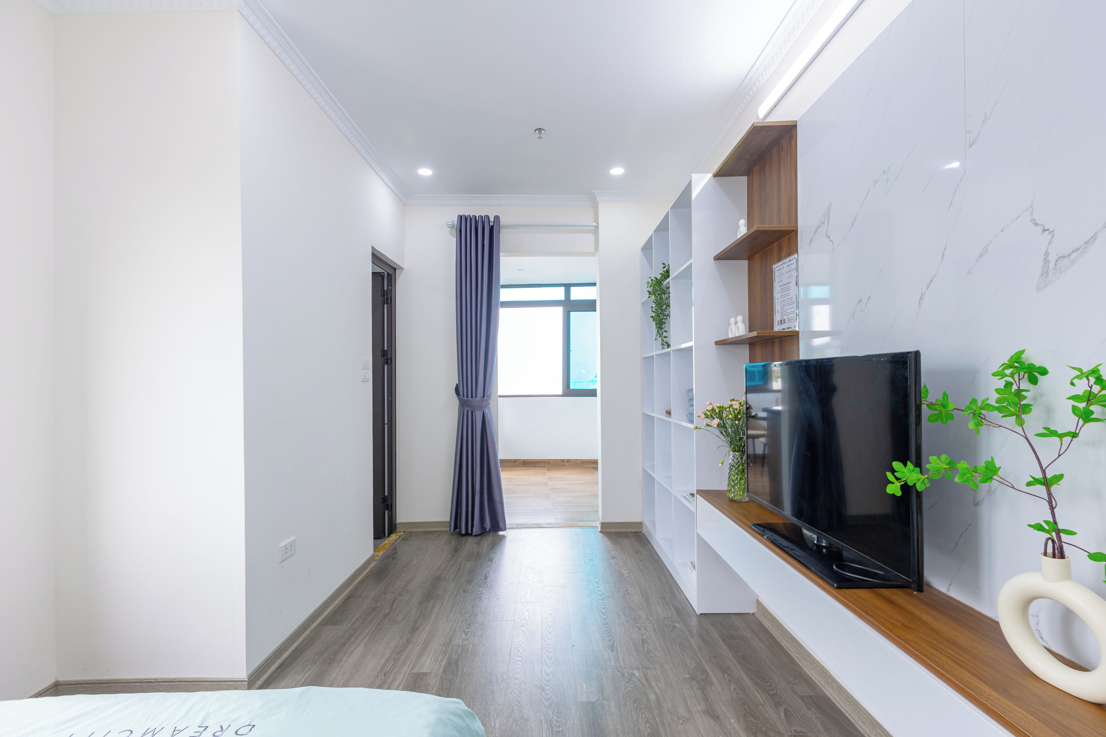 A modern living room with a flat-screen TV, wooden shelves, and a plant.