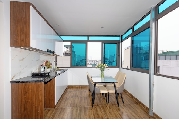 Family Apartment | Private kitchen | Fridge, cookware/dishes/utensils, eco-friendly cleaning products