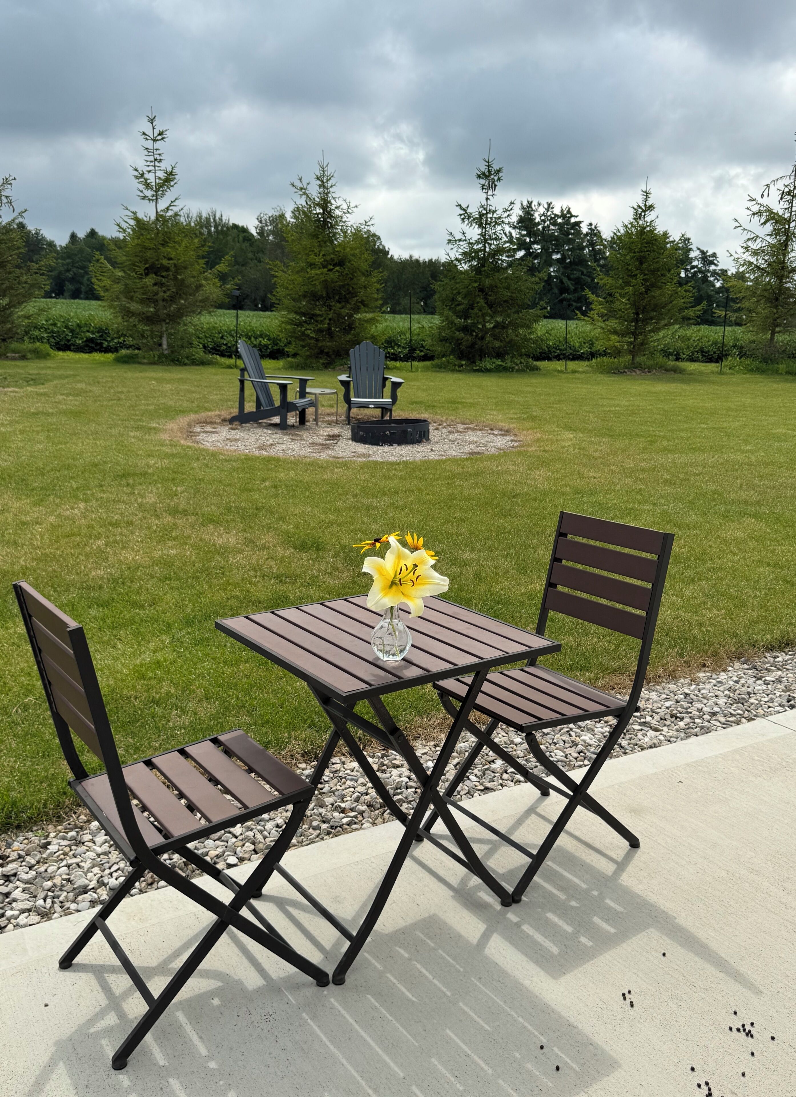 An outdoor patio with a table and chairs, a vase with flowers, and a fire pit in the background.