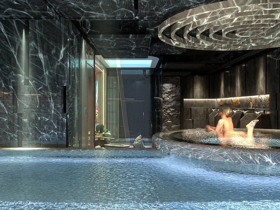 Un espace spa moderne doté d’un jacuzzi, de murs en marbre et d’un design de plafond unique.