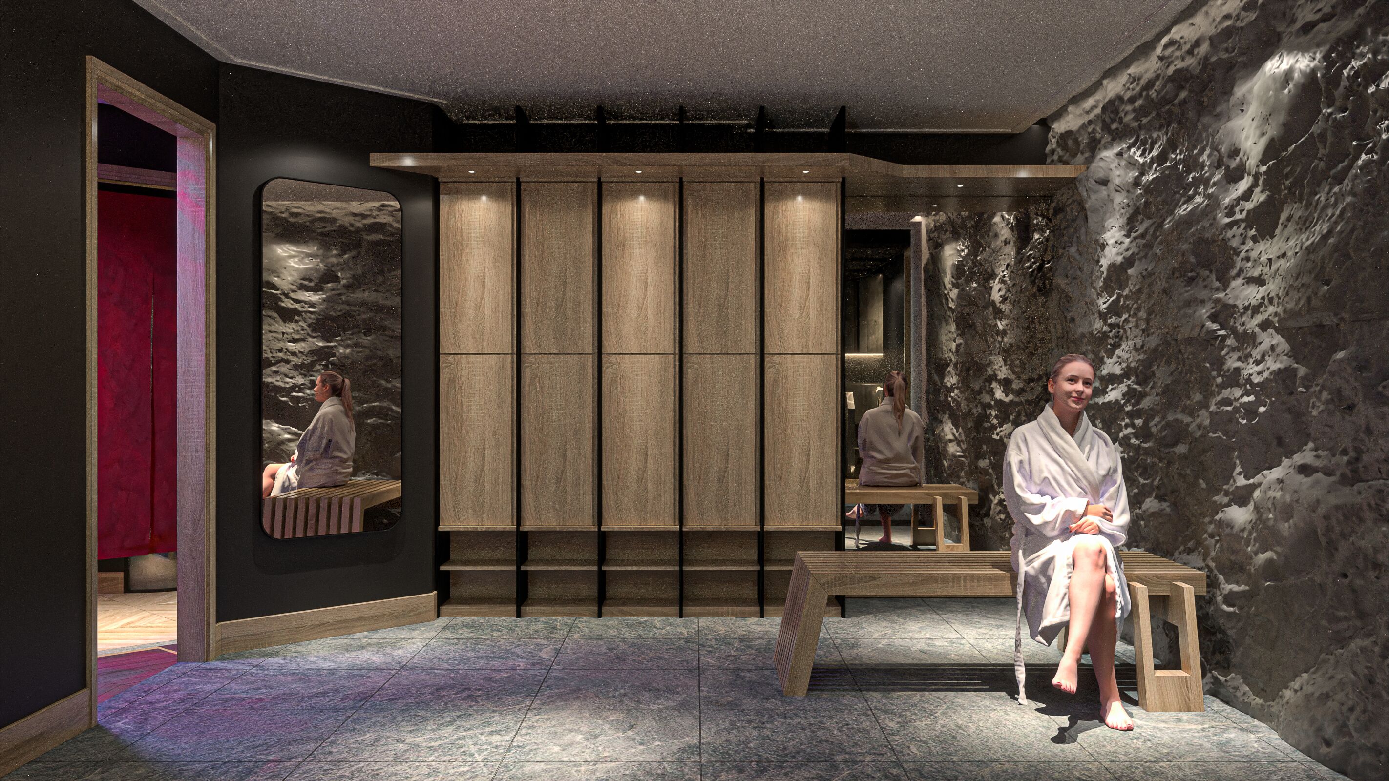 A spa room with a large mirror, wooden panel wall, and a bench.
