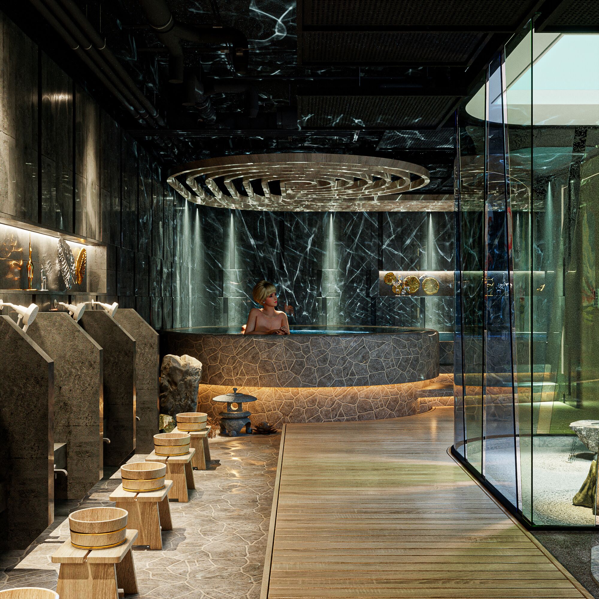 A modern spa area with a central hot tub, stone seating, and a glass enclosure.
