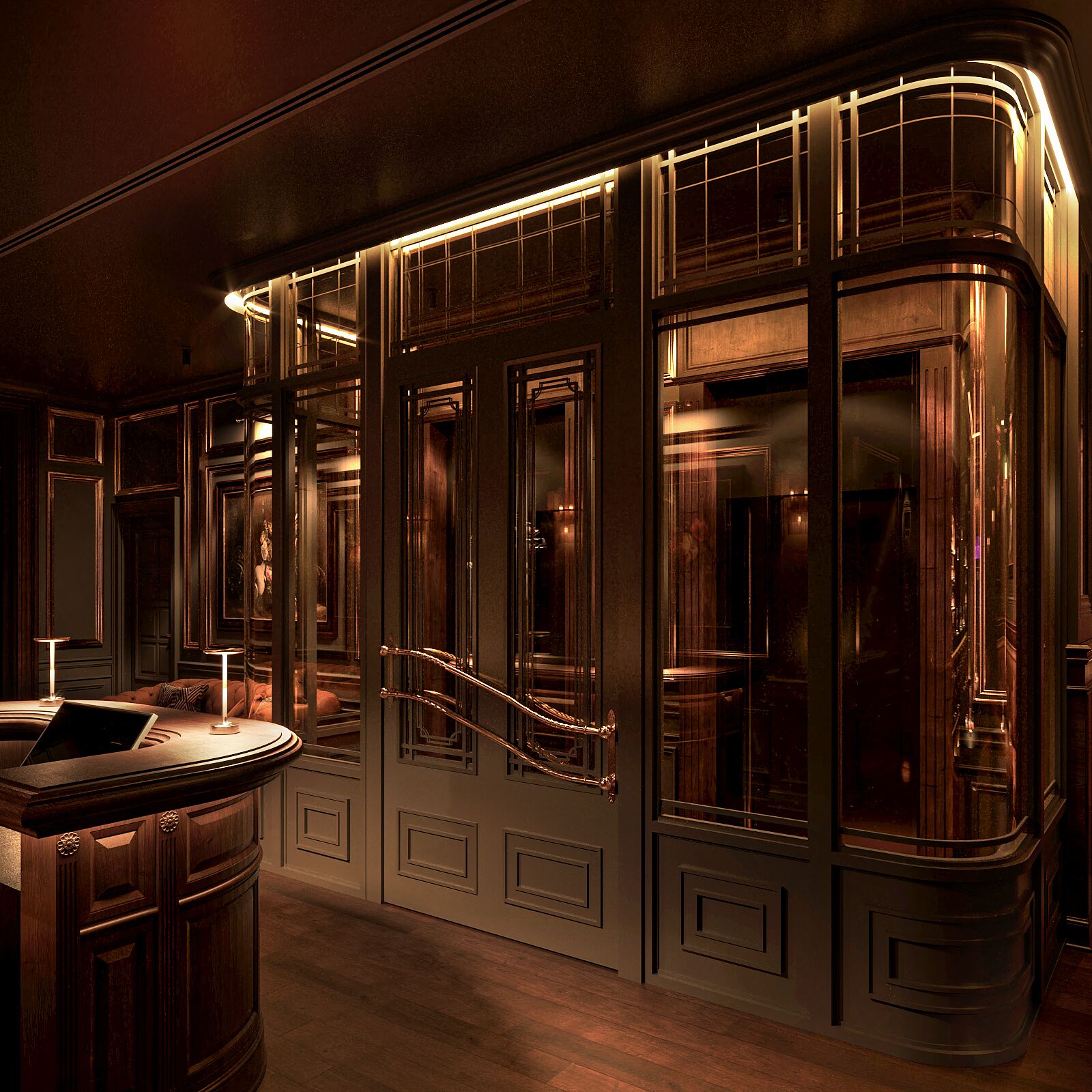 Un intérieur luxueux avec des boiseries sombres, un escalier en colimaçon et un coin bar.