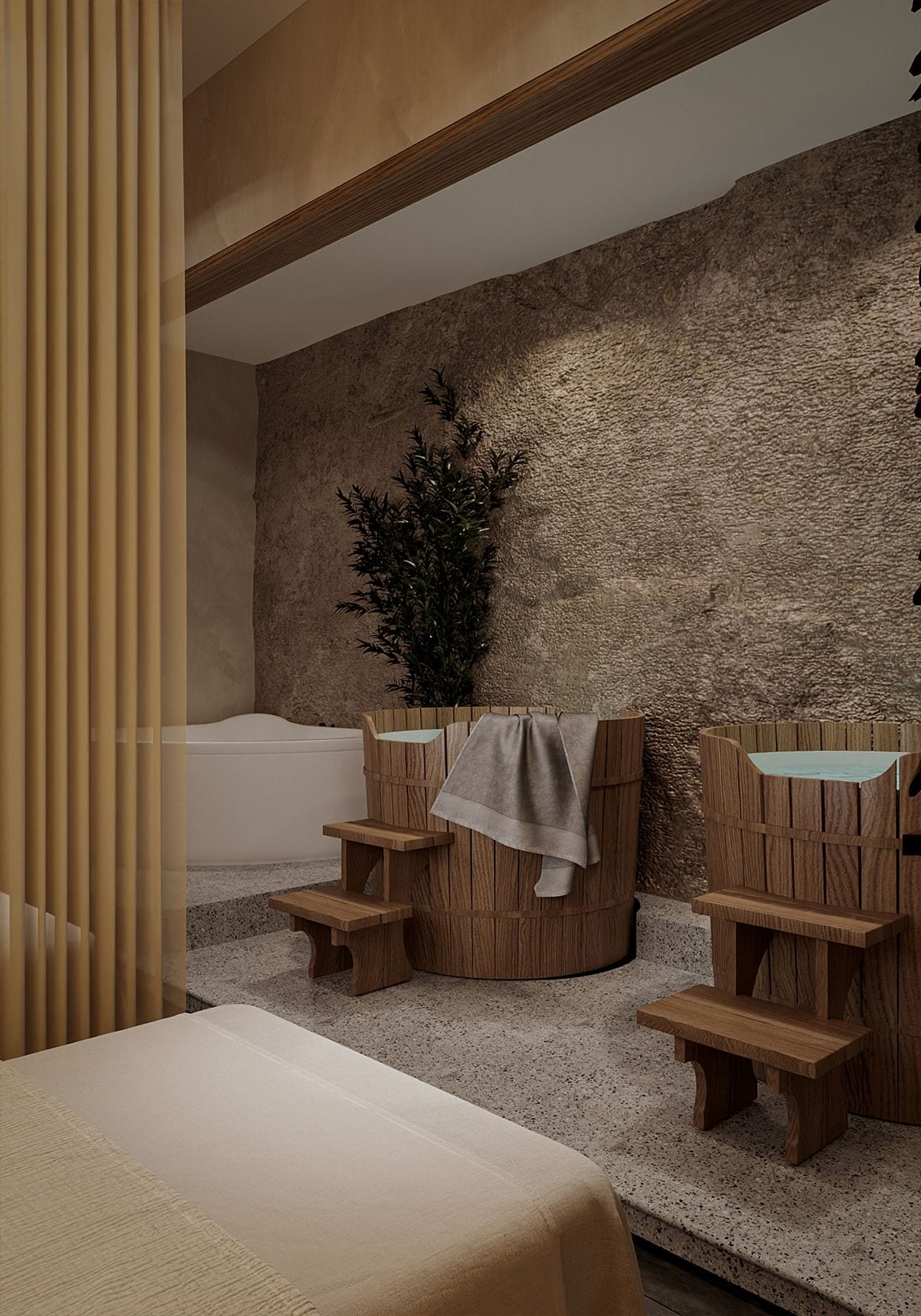 A modern bathroom with a bathtub, wooden seating, and a large plant.