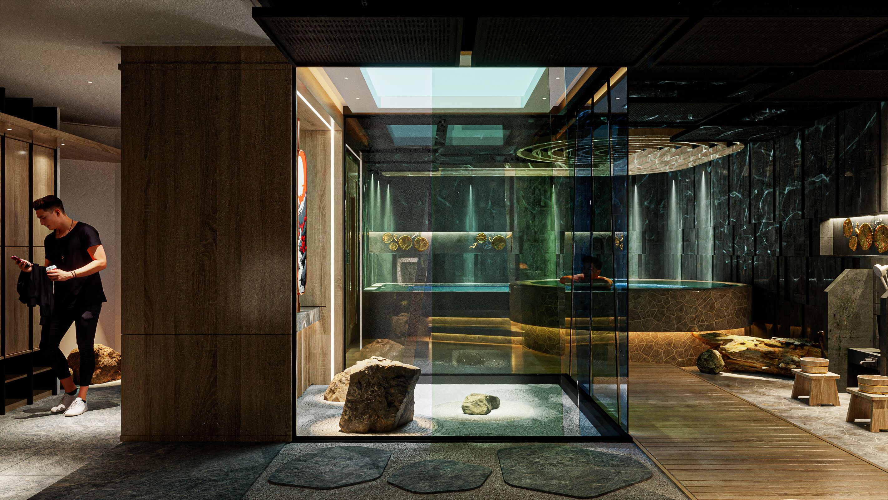 A modern interior with a glass enclosure, a wooden floor, and a person using a mobile device.