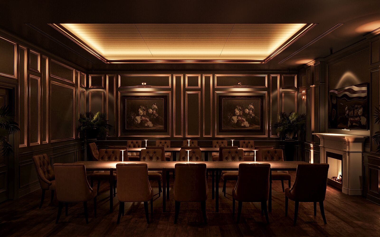Une salle à manger élégante, avec une longue table, des chaises rembourrées, des œuvres d’art encadrées et une cheminée.