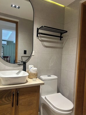 Hair dryer, towels, soap, toilet paper