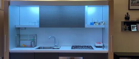 A modern kitchen with a built-in oven, a stainless steel sink, and a gas stove.
