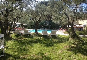 Seasonal outdoor pool, pool umbrellas, pool loungers