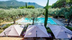 A pool area with lounge chairs and umbrellas, surrounded by olive trees and mountains in the background. - Hôtel la Picholine en Provence (Nyons)