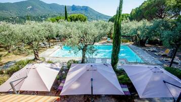 Seasonal outdoor pool, pool umbrellas, pool loungers