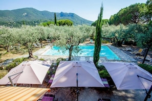 Seasonal outdoor pool, pool umbrellas, pool loungers