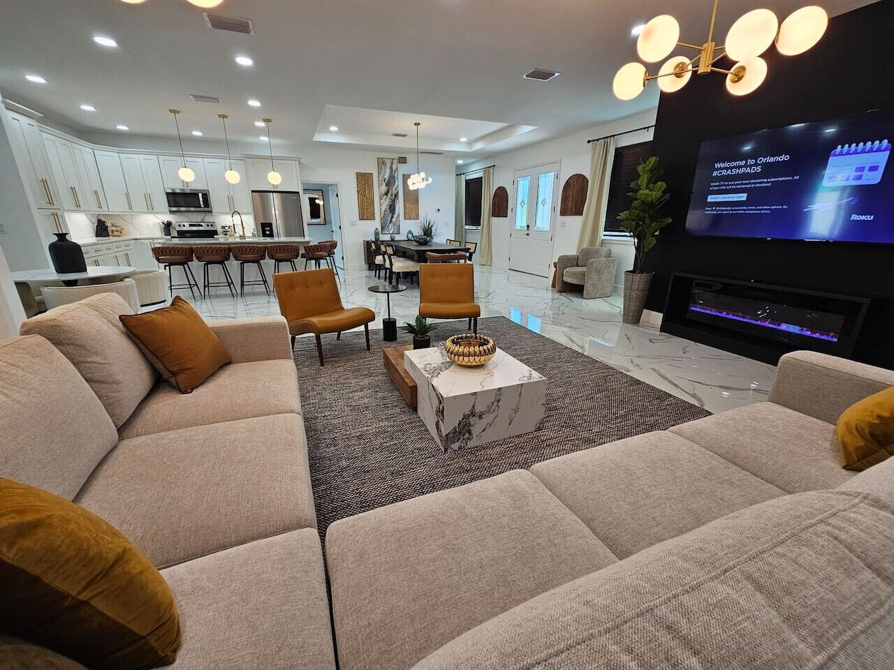 Smart TV, fireplace, stereo