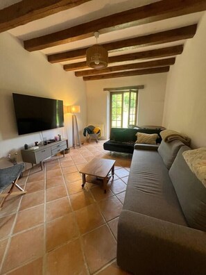 TV, lareira, mesa de pingue-pongue
