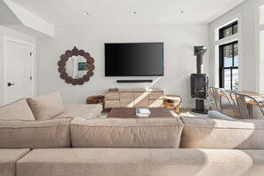 TV connectée, cheminée, livres