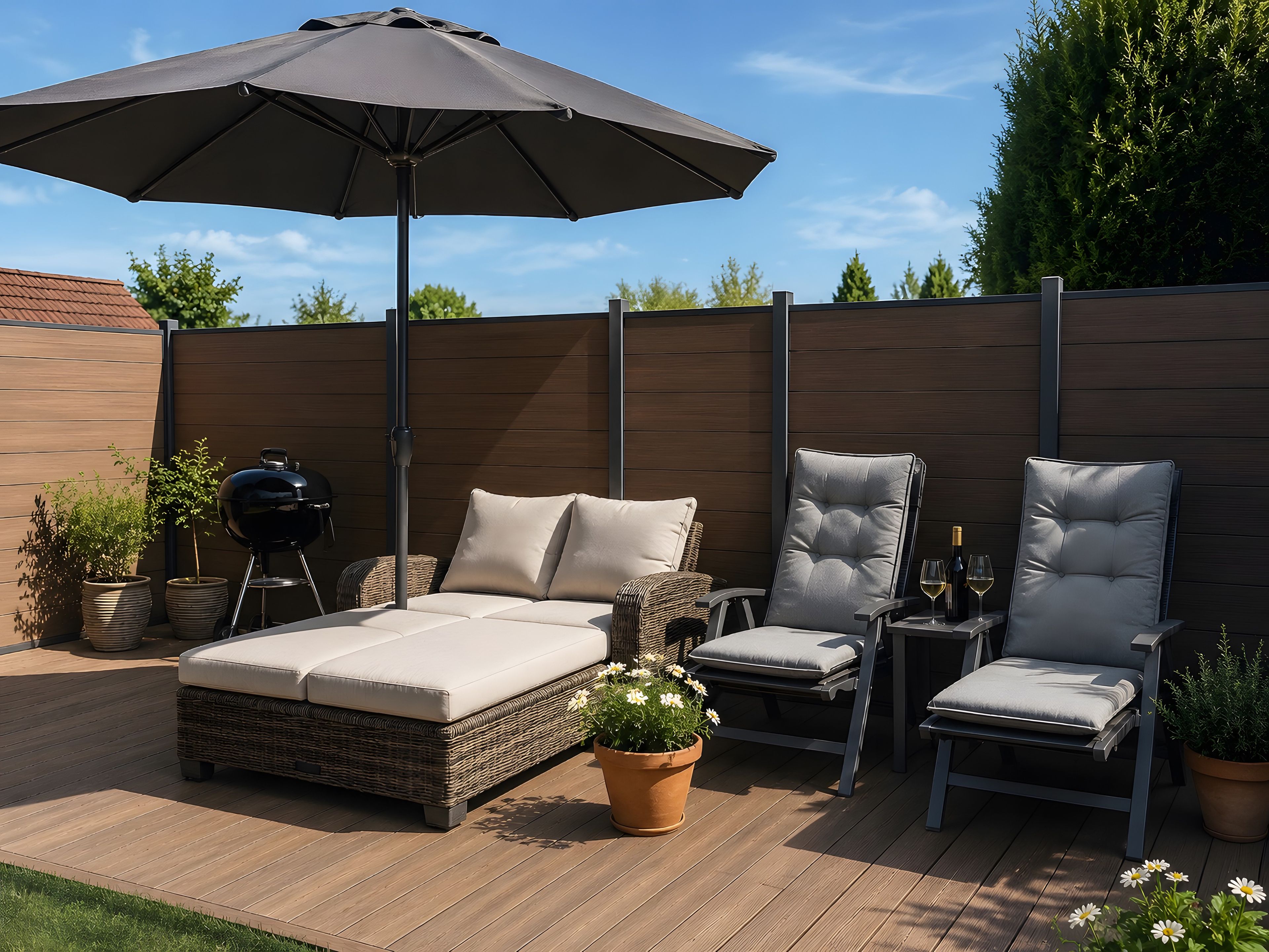Eine Terrasse im Freien mit einer gepolsterten Couch, zwei Stühlen, einem Tisch mit Flasche und Glas sowie einem Grill.