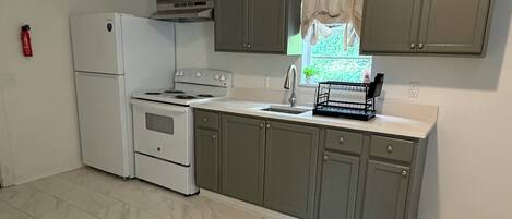 Fridge, microwave, oven, cookware/dishes/utensils