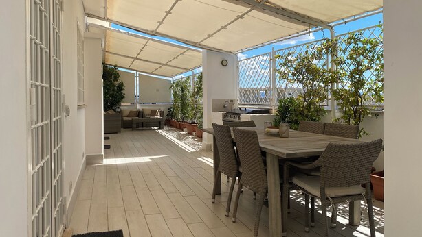 An outdoor patio area with a dining table and chairs, surrounded by potted plants and a grill.
