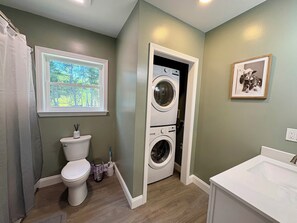 Hair dryer, towels, soap, shampoo