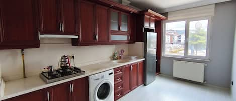 Großer Kühlschrank, Herdplatte, Kochgeschirr/Geschirr/Besteck