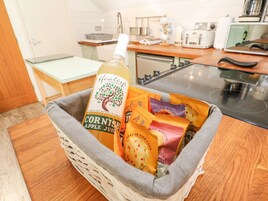 Fridge, microwave, toaster, cookware/dishes/utensils