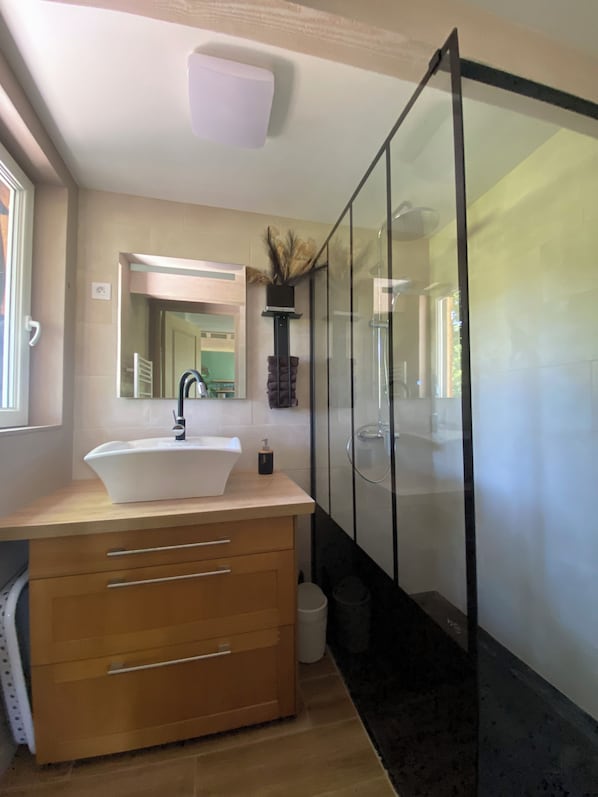 A modern bathroom with a large sink, mirror, and a glass shower enclosure.
