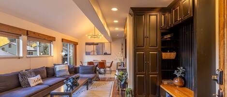 Tv, eldstad och böcker