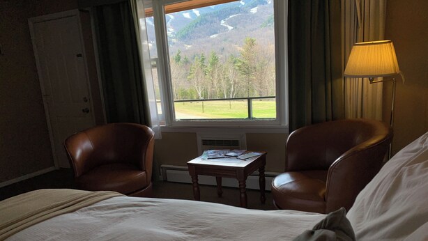 Une chambre d’hôtel avec un lit, deux fauteuils en cuir, une petite table, une lampe et une fenêtre donnant sur un paysage verdoyant et des montagnes.