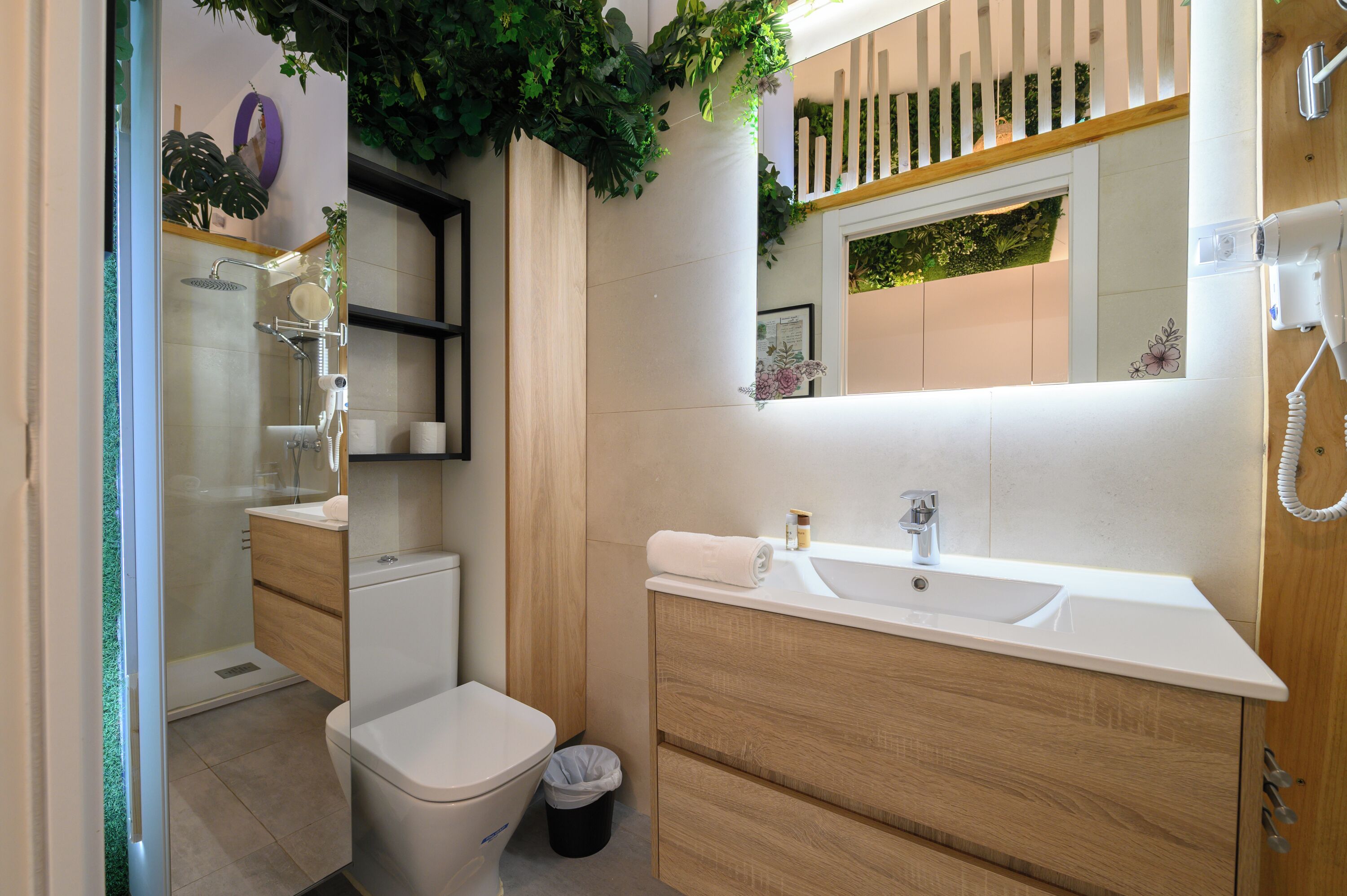 Hair dryer, towels, soap, toilet paper