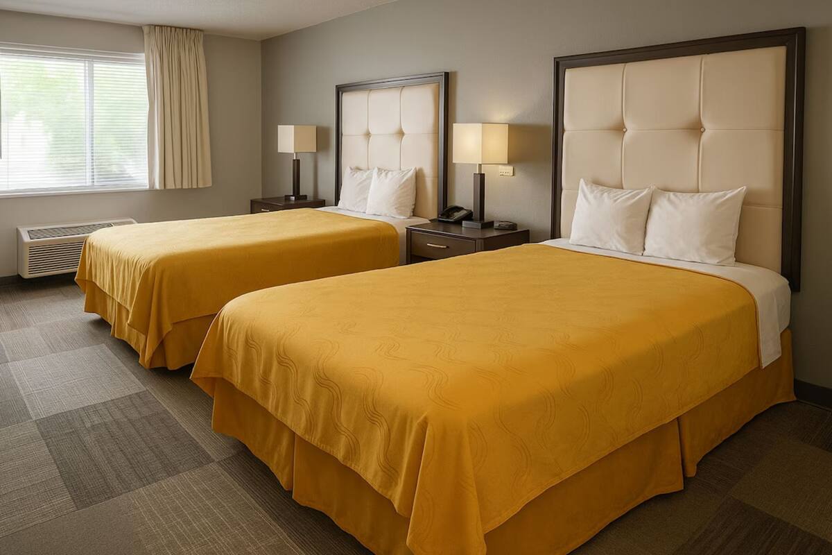 A hotel room with two beds, a window with curtains, a bedside table with a lamp, and a wall-mounted air conditioner.