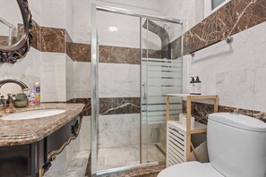 Hair dryer, towels, soap, toilet paper